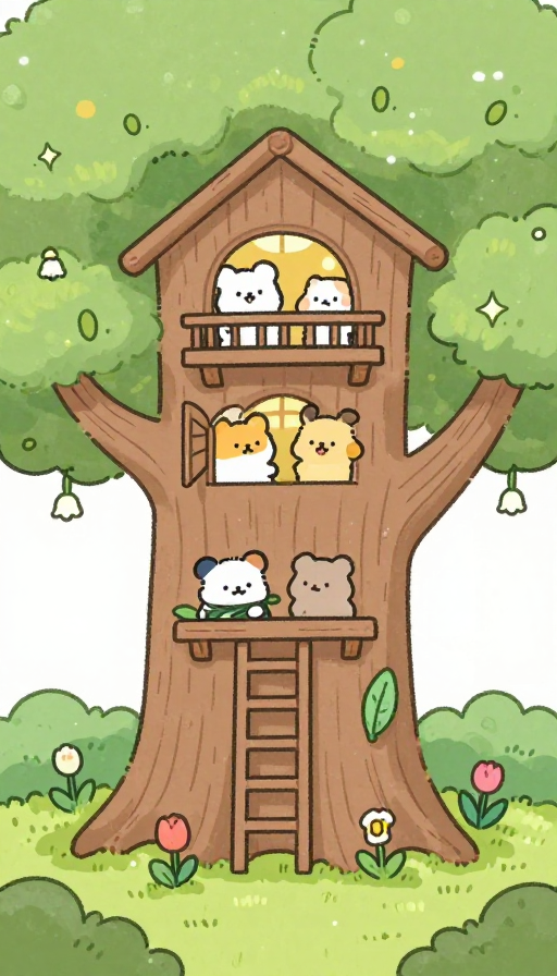 森林三层树屋:治愈系卡通插画
