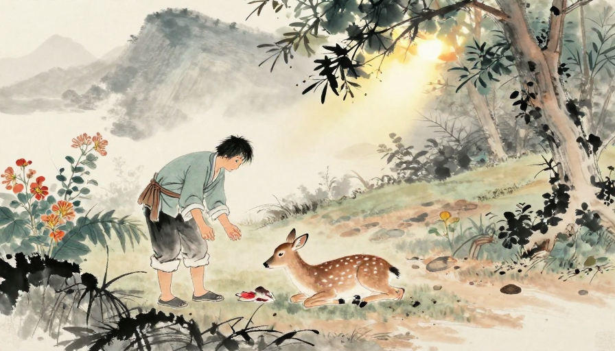 水墨山径：农夫守护伤鹿的宁静画面