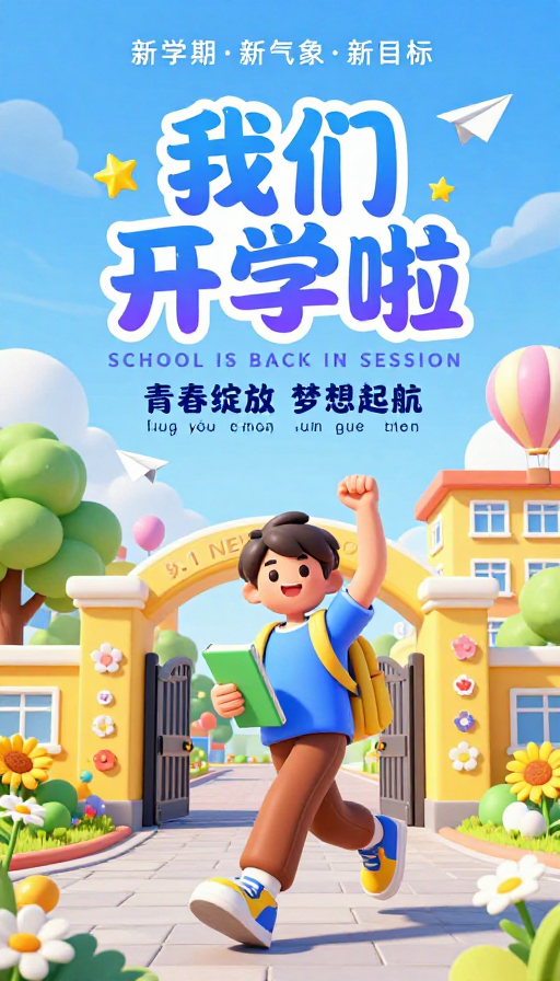 开学快乐!活泼校园3D卡通插画海报