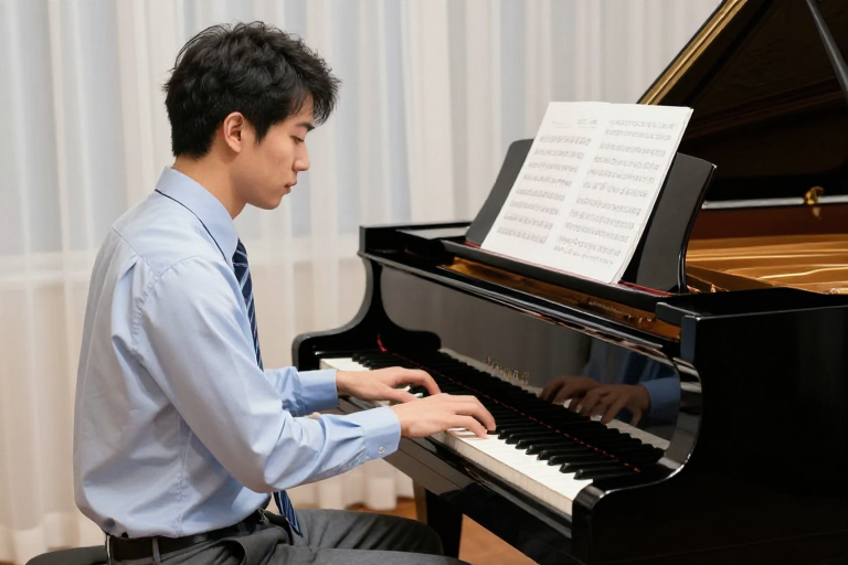 亚洲男琴师专注演奏黑三角钢琴 细腻光影摄影作品