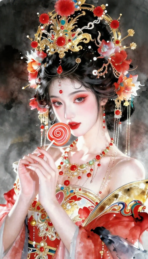盛世红金神秘女，水墨叠涂艺术特写