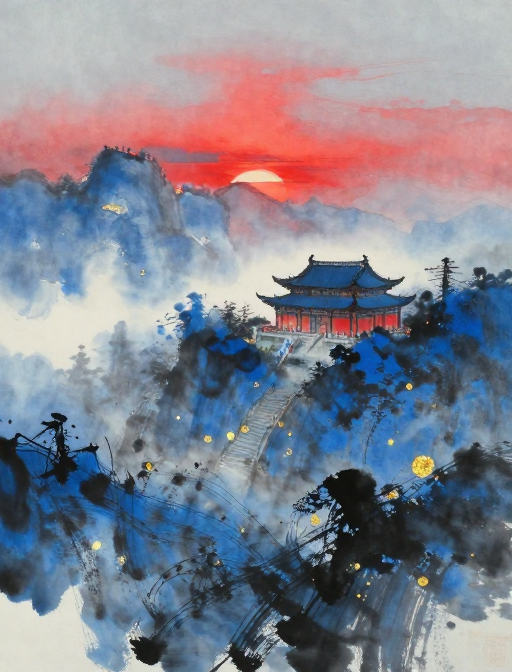 晨雾古寺：水墨水彩晕染的禅意留白