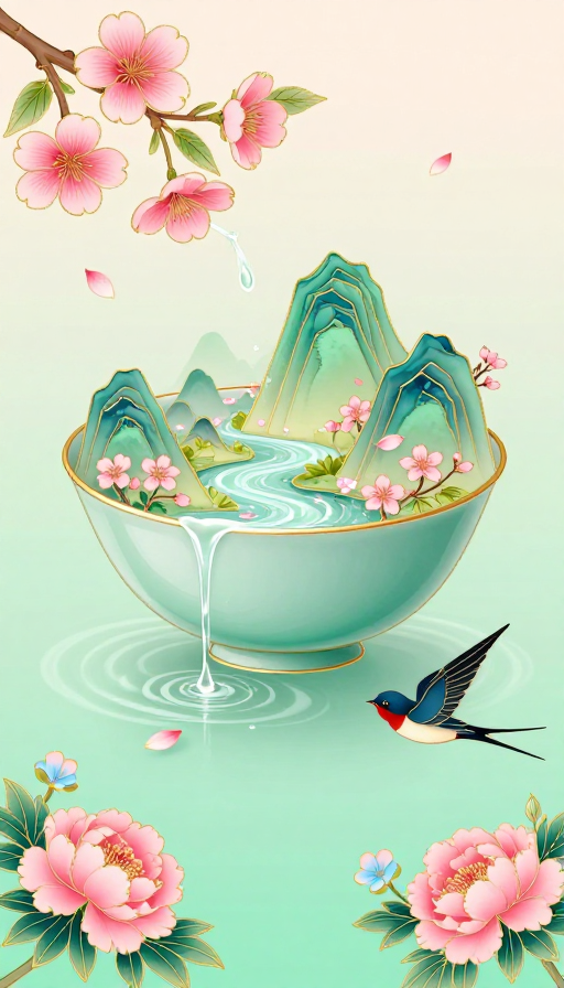 青瓷碗内微缩山水，工笔樱花点缀春意盎然