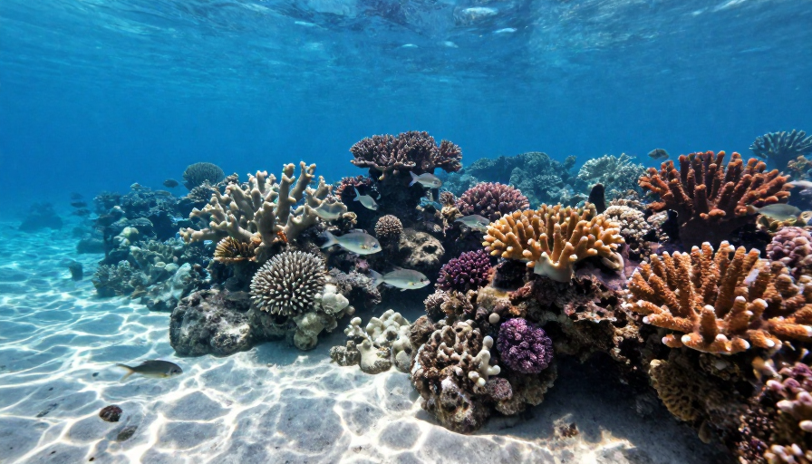 阳光穿透海面的绚丽珊瑚礁:高清摄影展现海洋生态与环保