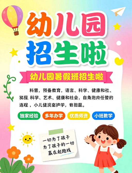 高饱和童趣风幼儿园暑假班招生海报
