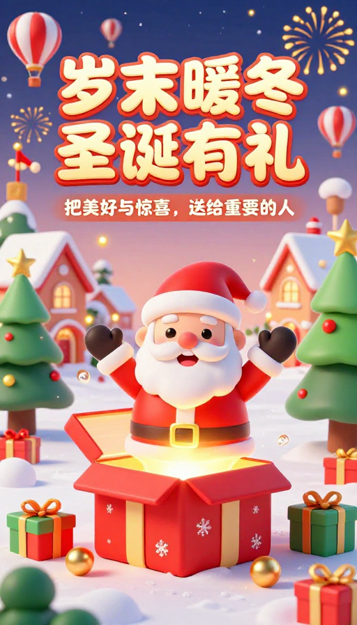 梦幻圣诞3D插画，岁末暖冬促销喜庆氛围