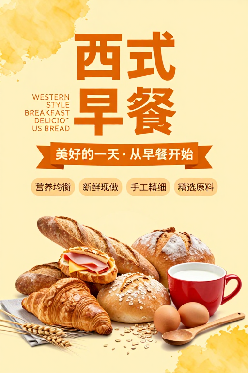 西式早餐海报：暖色温馨设计，美味与健康理念