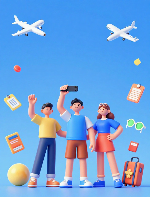 欢乐旅游搭子:3D卡通人物户外自拍海报
