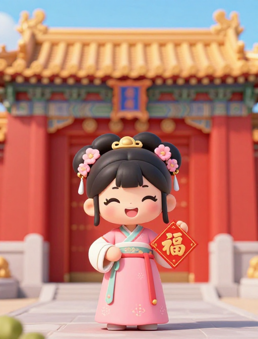 古风少女福运降临:粉色汉服与红墙特写