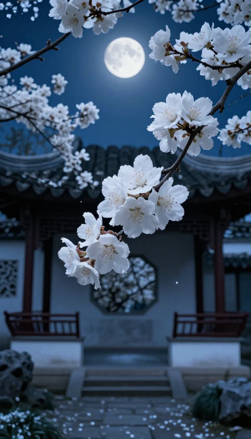 清幽月色·中式园林中绽放的海棠花