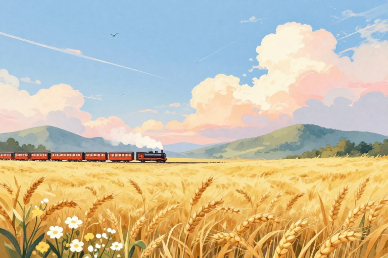 梦幻田园：蒸汽火车穿行金色麦浪的治愈风景插画