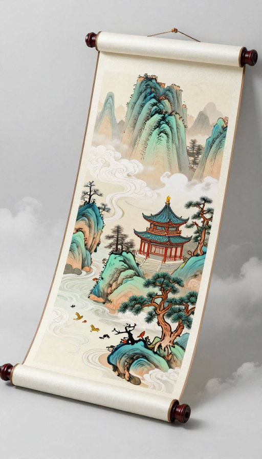 中国神话卷轴:亭台楼阁与苍松翠柏的仙境实景