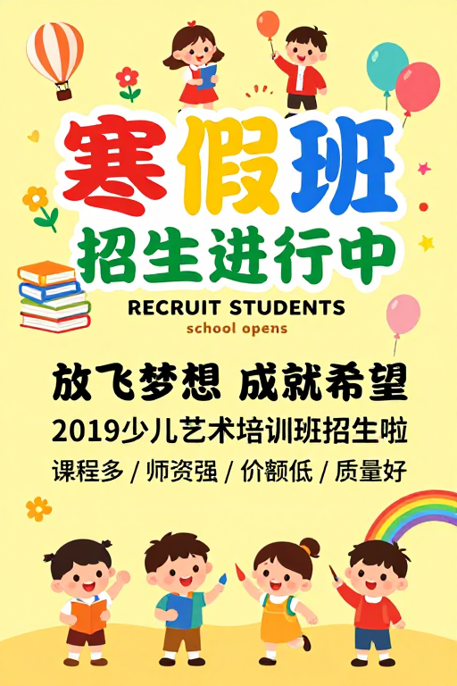 寒假班卡通招生海报：童趣活力设计