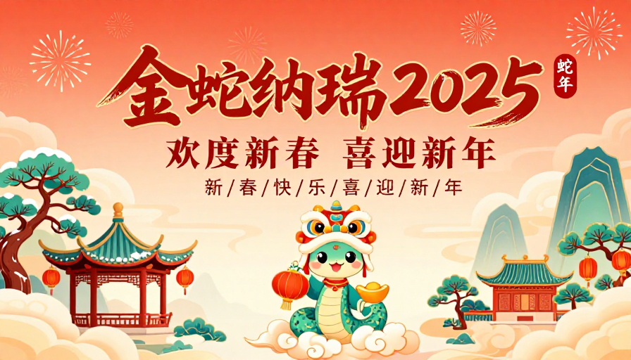 2025金蛇纳瑞：中国风暖调新年插画海报
