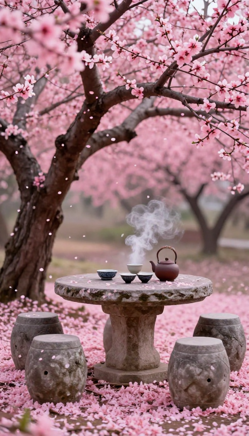 粉色云海下的古桃树与石桌茶韵
