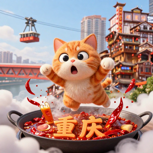 橘猫跃火锅奇景：山城烟火与萌趣3D插画