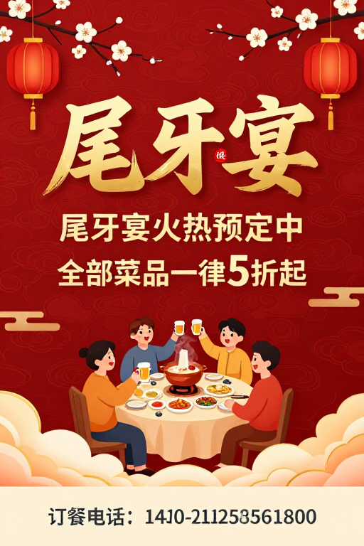 喜庆中国风尾牙宴海报，传统纹样与现代商业融合