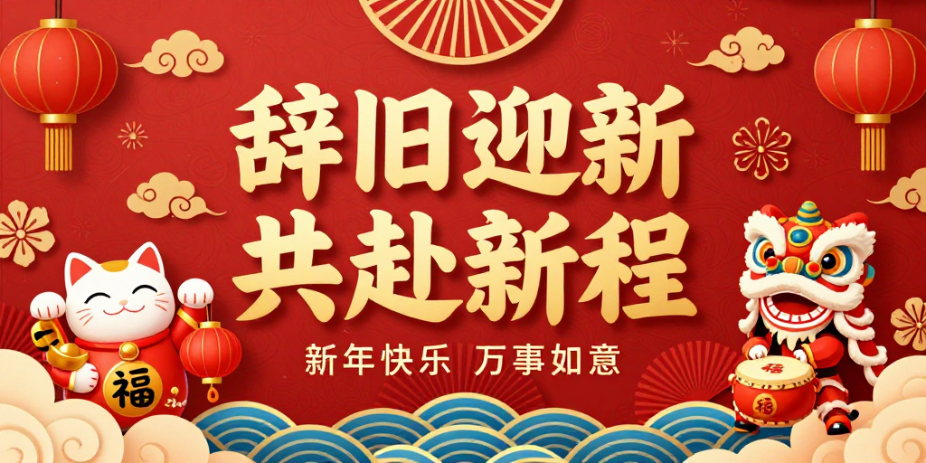 喜庆中国风新年海报：金色立体字与吉祥元素融合