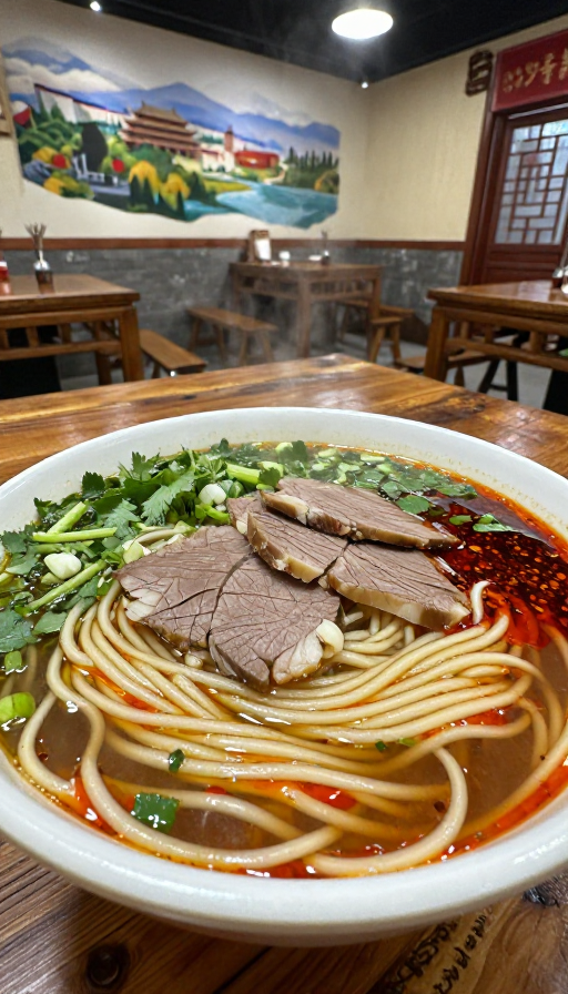 西北风情下热气腾腾的兰州牛肉面特写