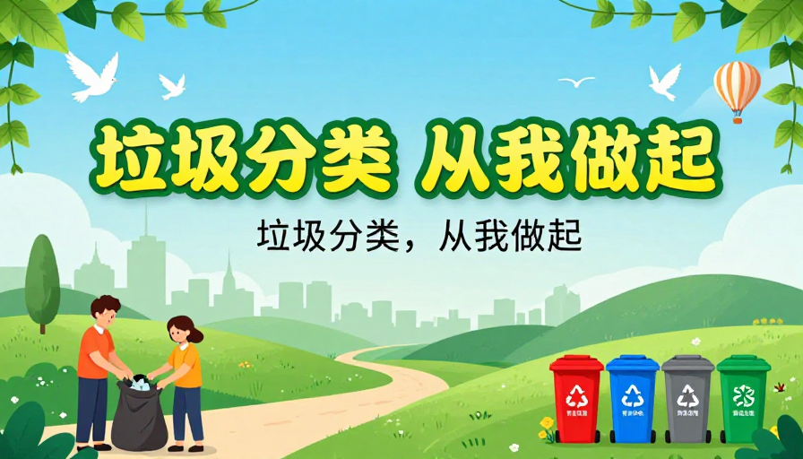 清新平插画风环保海报:垃圾分类从我做起