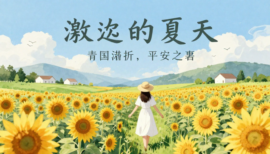向日葵下的静谧漫步:治愈系水彩田园夏日海报
