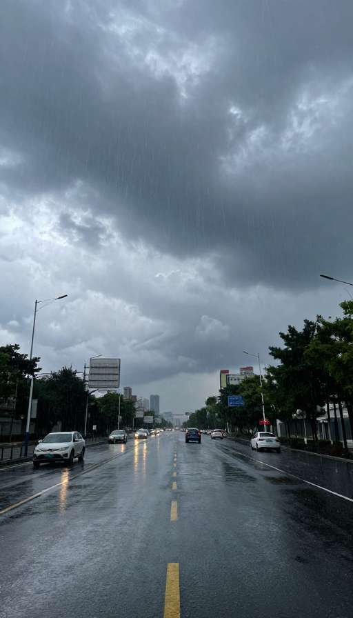 暴雨倾泻下的城市雨幕与闪电交织