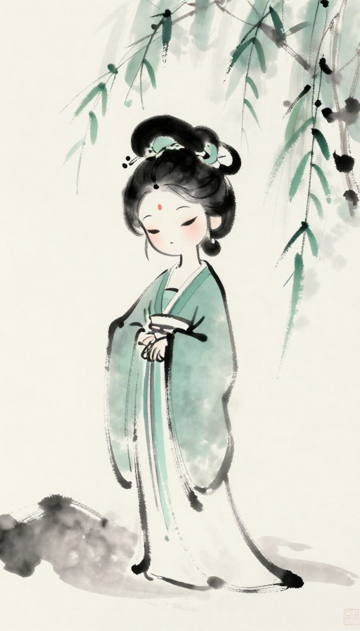 水墨古典美人：月色柳影下的东方美学
