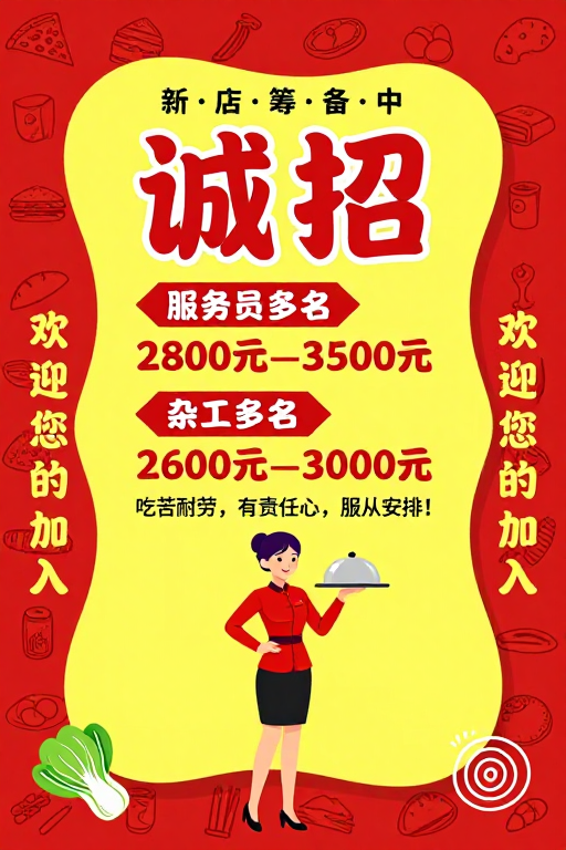 红底手绘美食招员工：薪资透明，欢迎加入