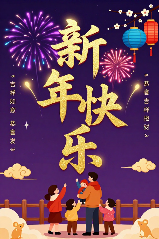 新年国潮插画：璀璨烟花下的团圆喜庆祝福