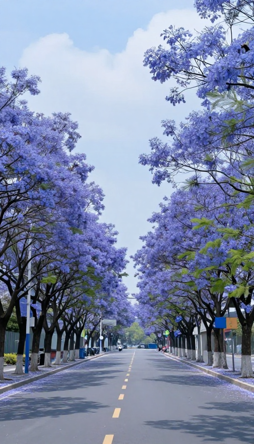 梦幻蓝色花海环绕的静谧公路