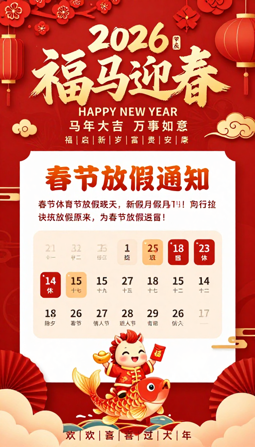 2026甲辰马年春节通知海报：红色喜庆中国风设计