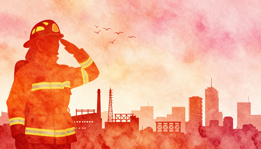 暖色水彩城市剪影:消防员致敬现代工业