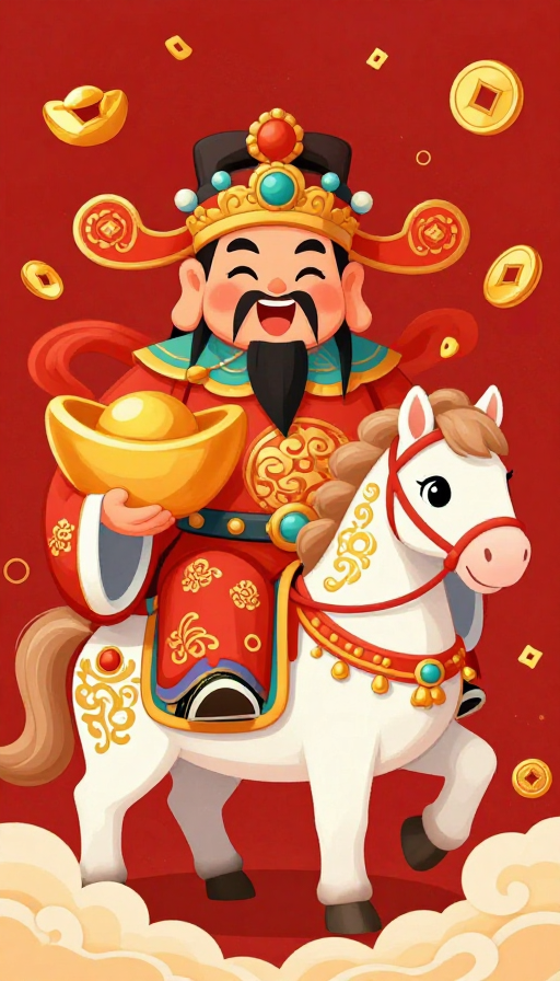 国潮财神喜庆插画：色彩鲜艳传递富贵吉祥
