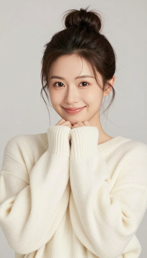 自信俏皮:蓬松丸子头少女的乳白毛衣写真