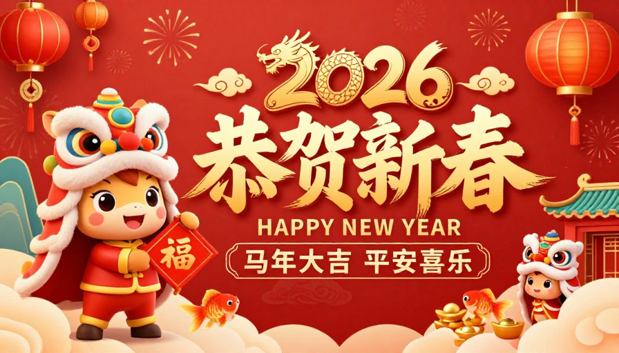 喜庆中国风新年海报：马年大吉卡通舞狮祝福