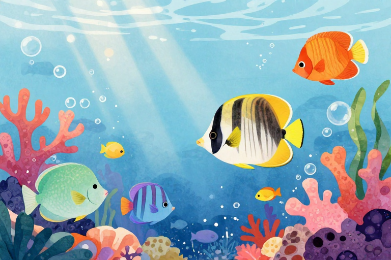 梦幻水彩海底世界:童趣扁平风生物插画