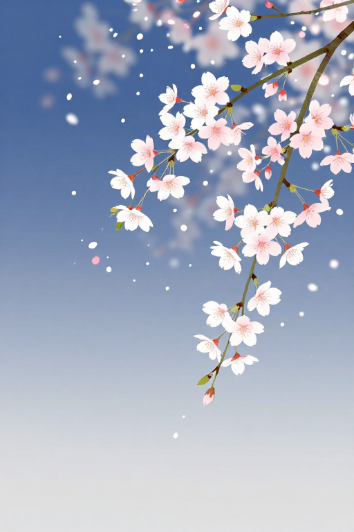 唯美日式樱花垂枝插画背景,静谧雅致