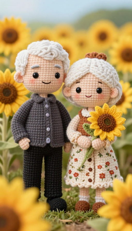 白发翁媪与向日葵:温馨毛绒情侣潮玩