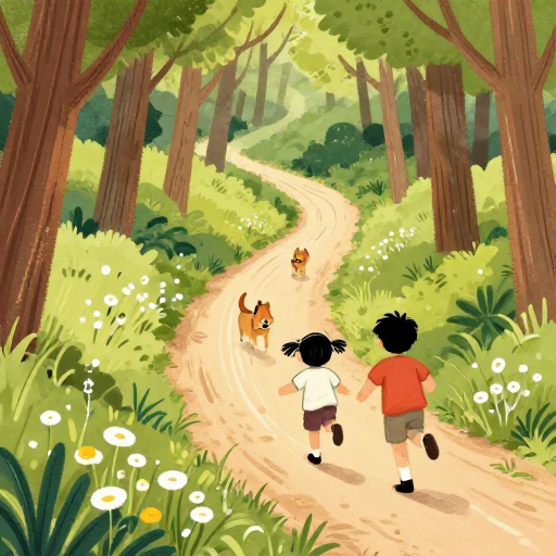 森林冒险：双童伴犬奔跑的绘本场景