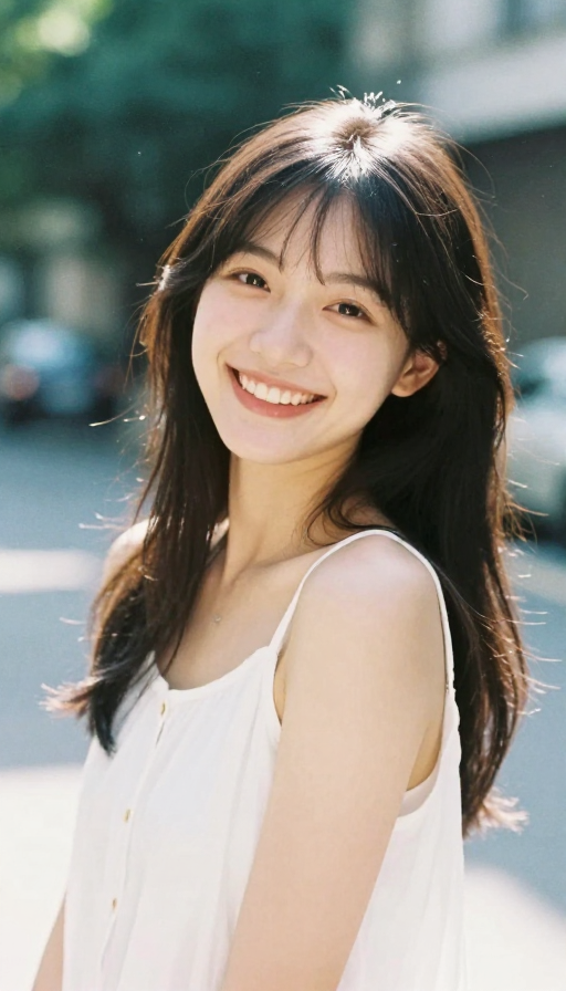 日系胶片少女半身照,阳光笑容定格青春活力