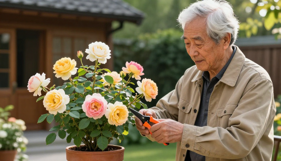 专注修剪月季的优雅长者：生活美学摄影