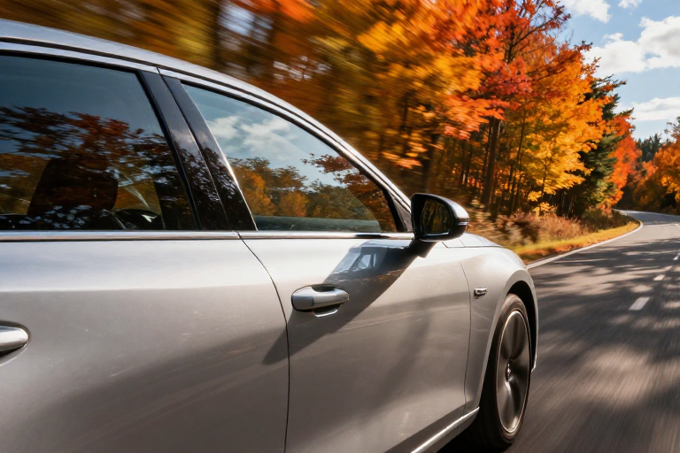 秋日飞驰：银色轿车侧影与流光秋叶