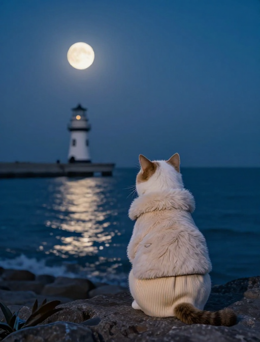 月光灯塔下的猫咪守望者：静谧海边奇幻时刻