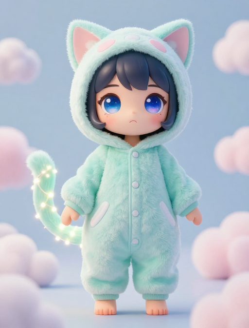 萌系猫耳少女：星空瞳眸与LED灯串缠绕的梦幻立绘