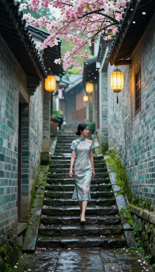 青石巷中旗袍佳人：梦幻光影下的古镇奇幻之旅