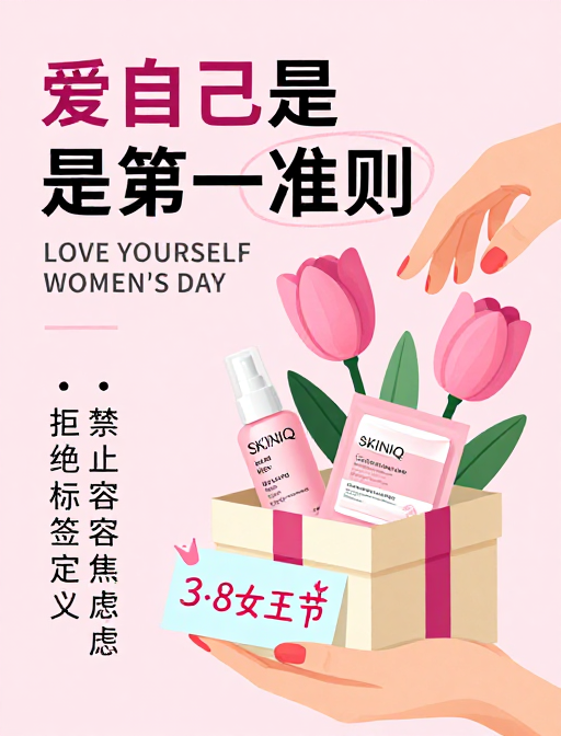 3.8女王节简约手绘海报：女性自爱理念与产品推广