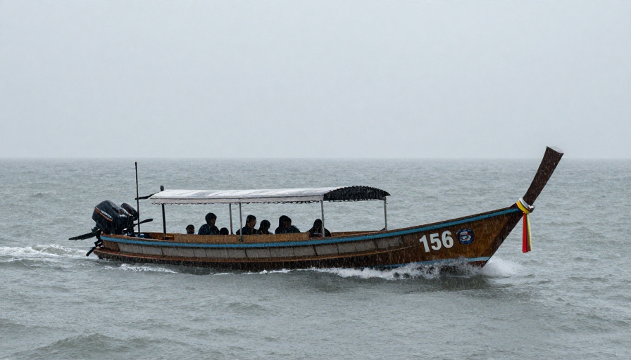 暴雨中的泰式长尾船：灰阶冷调下的航行纪实