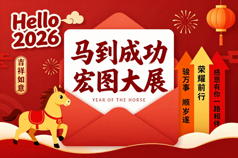 2026新年中国风插画海报:红韵马到成功