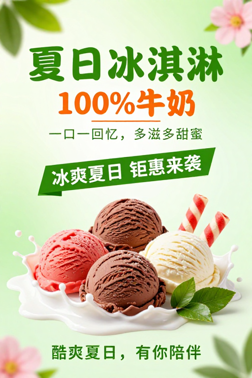 清新夏日冰淇淋海报：美味与自然的完美融合