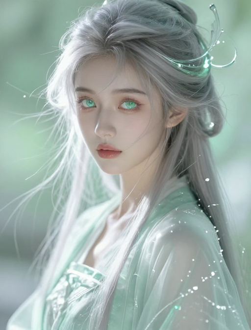 薄荷绿古风少女银发特写插画